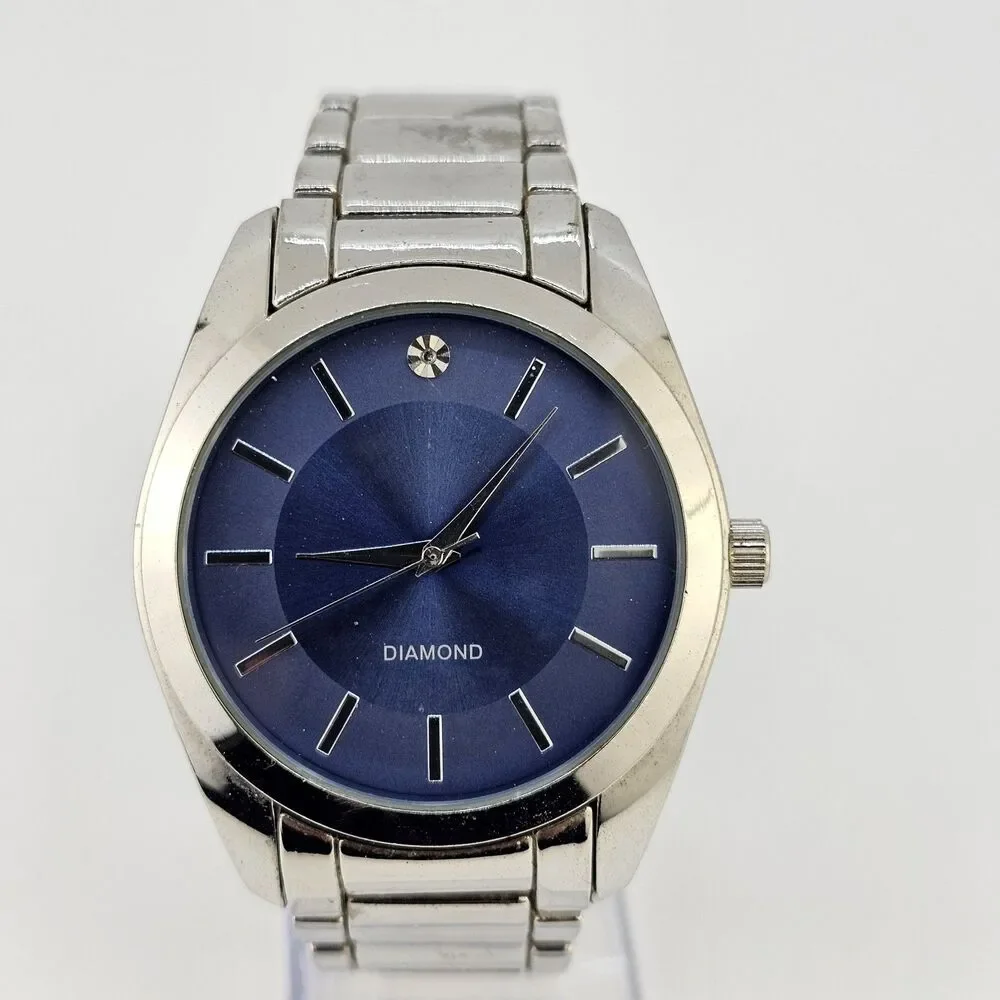 40MM Men's Diamond‎ Watch Blue Dial Gray Bracelet Band 6